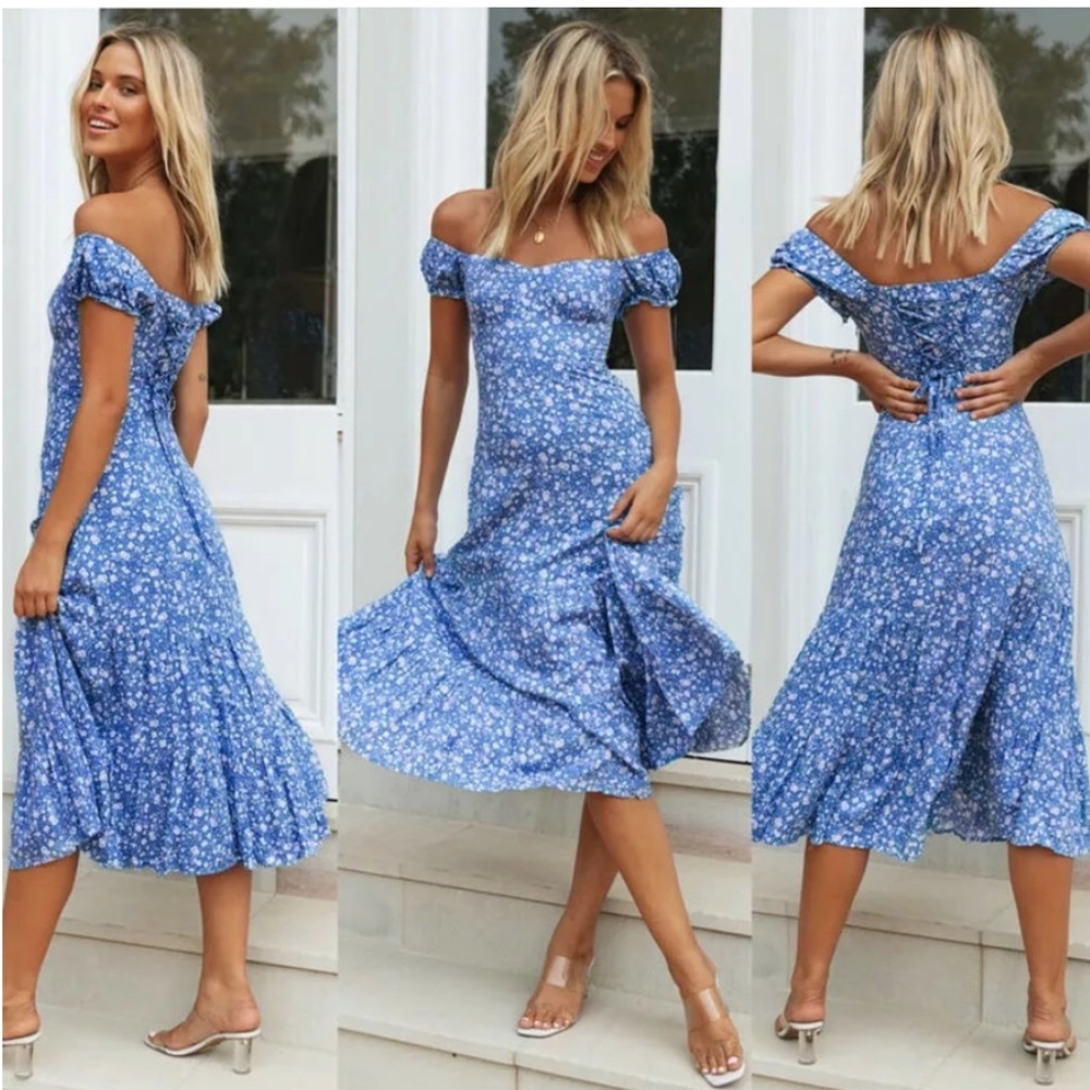 Boho Blue Floral  Ruffle Hem Off Shoulder Dress